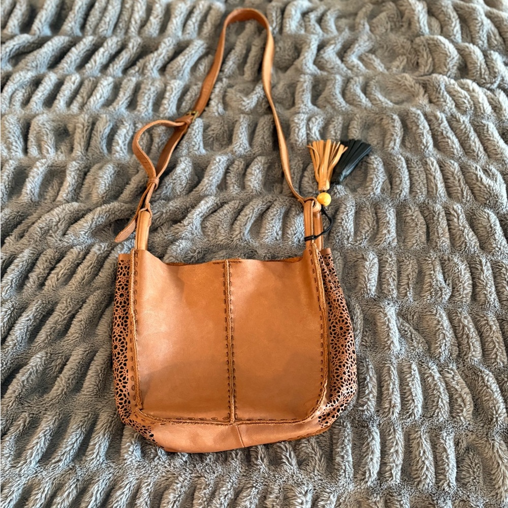 Elegant Tan Shoulder Bag with Perforated Design